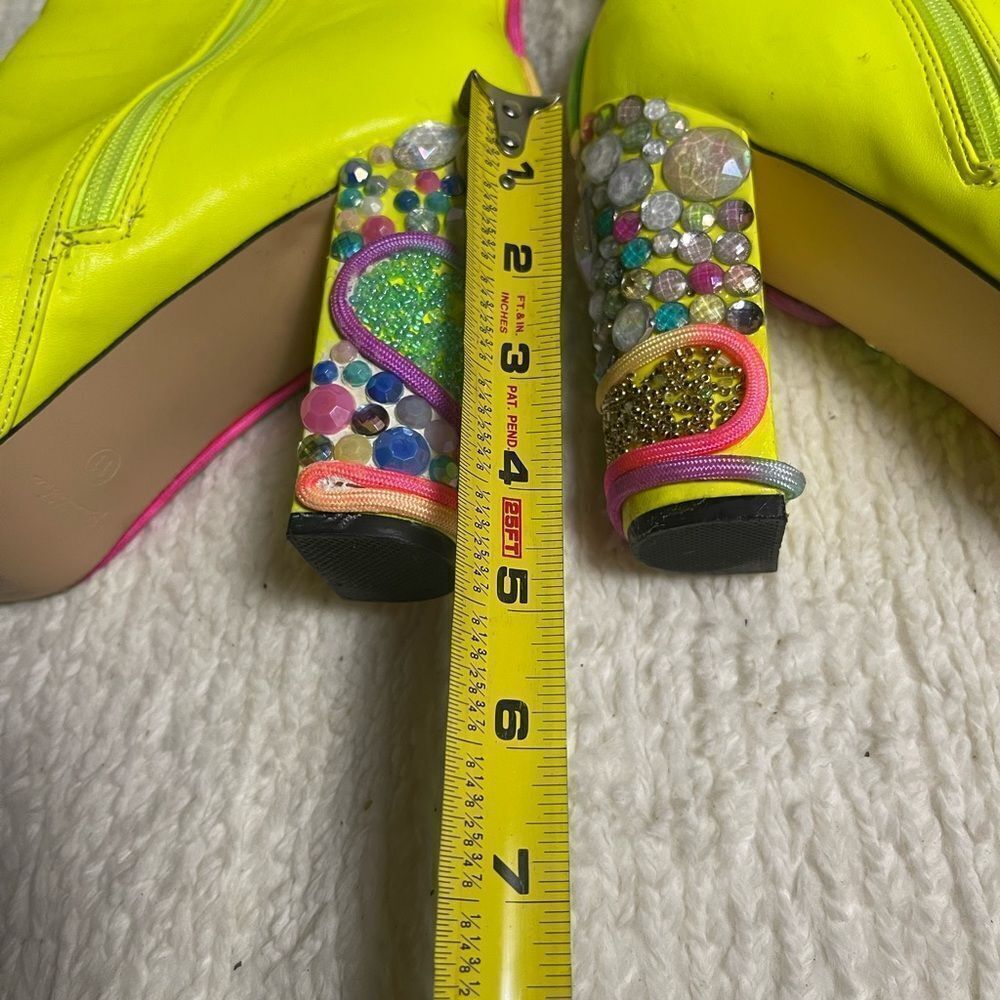 Rumbidra synthetic Neon green mid calf heel boots Colorful embellishments SZ11 - Picture 8 of 15